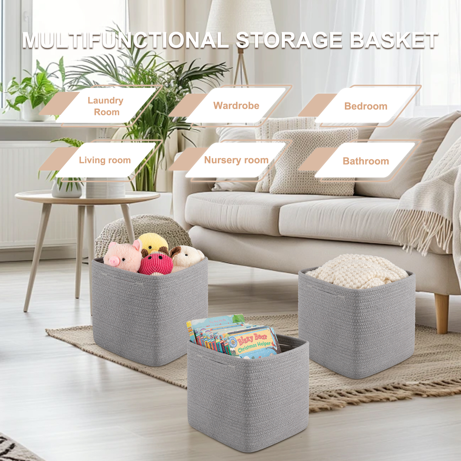 CHERISHGARD 3 Pieces Cube Storage Baskets，Square Woven Rope Basket ，Square Baskets for Organizing