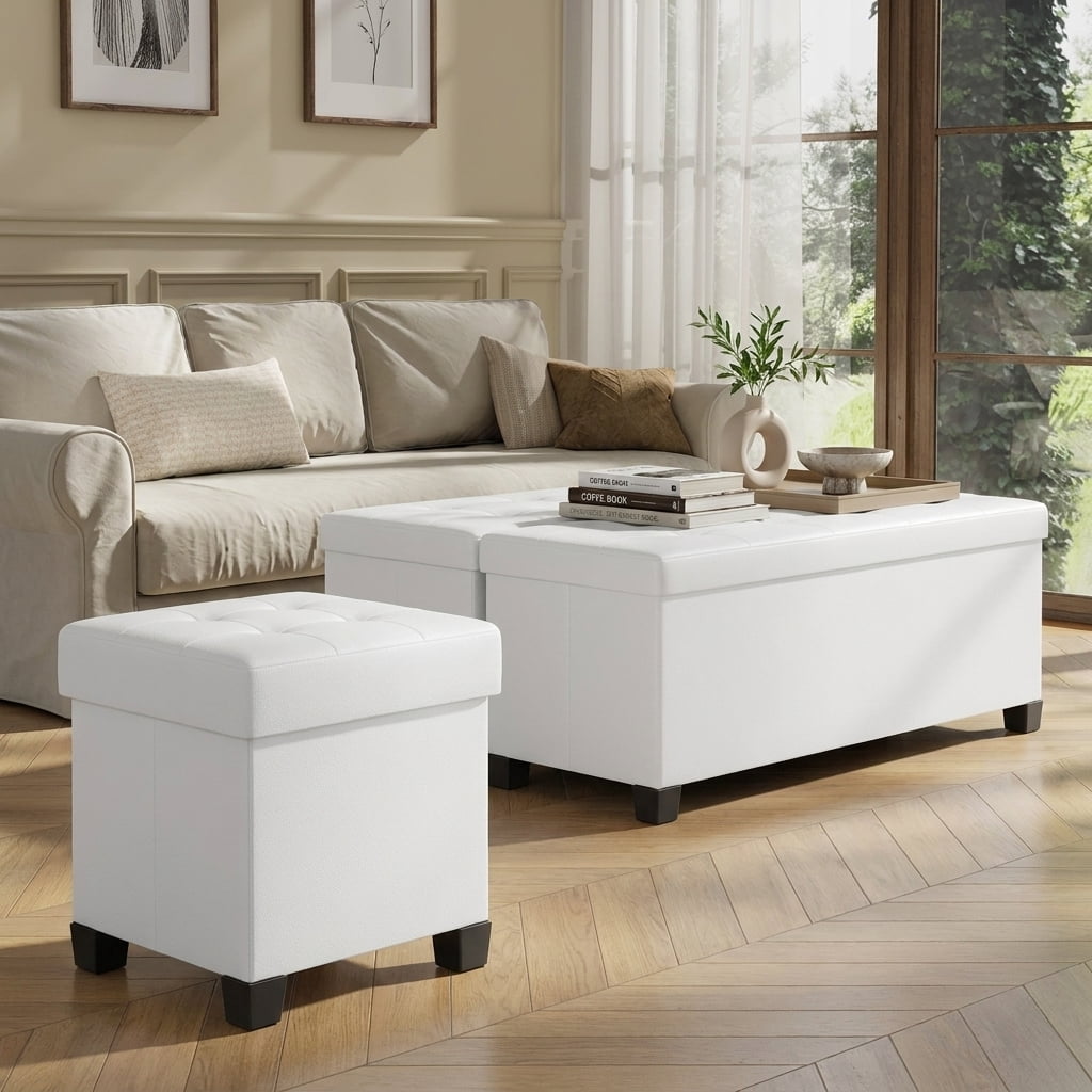 Ledrem Cloud White Square Foldable Storage Ottoman with 10 Gallon Storage, Tufted PVC Leather Footrest