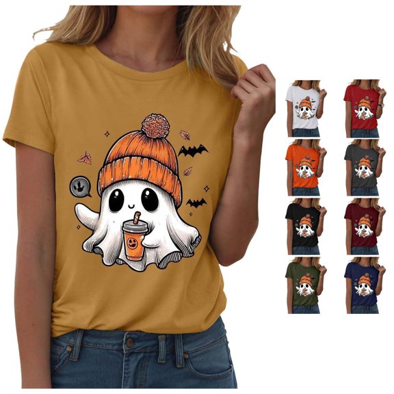 Halloween Shirts for Women T-Shirt for Halloween Graphic Round Neck Tee Casual Summer Out Top with Jeans Everyday Wear for Women Yellow XL