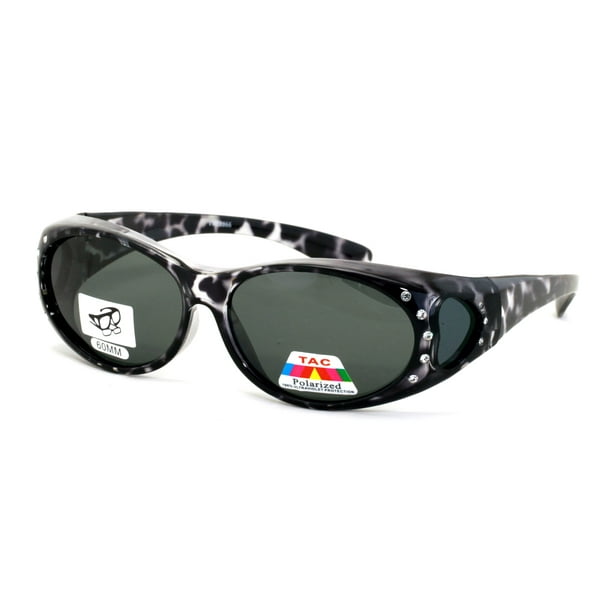 Womens Polarized Fit Over Glasses Sunglasses Rhinestone Rectangular Heart 60mm Grey Leopard 