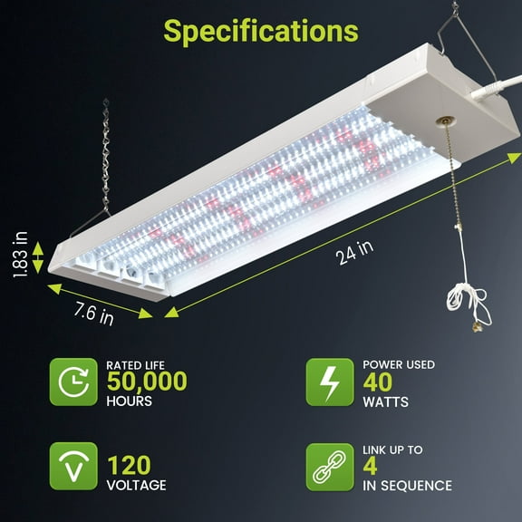 Green Watt 40W 2ft Full Spectrum Linkable LED Grow Light, ETL Certified, 120V Plug in