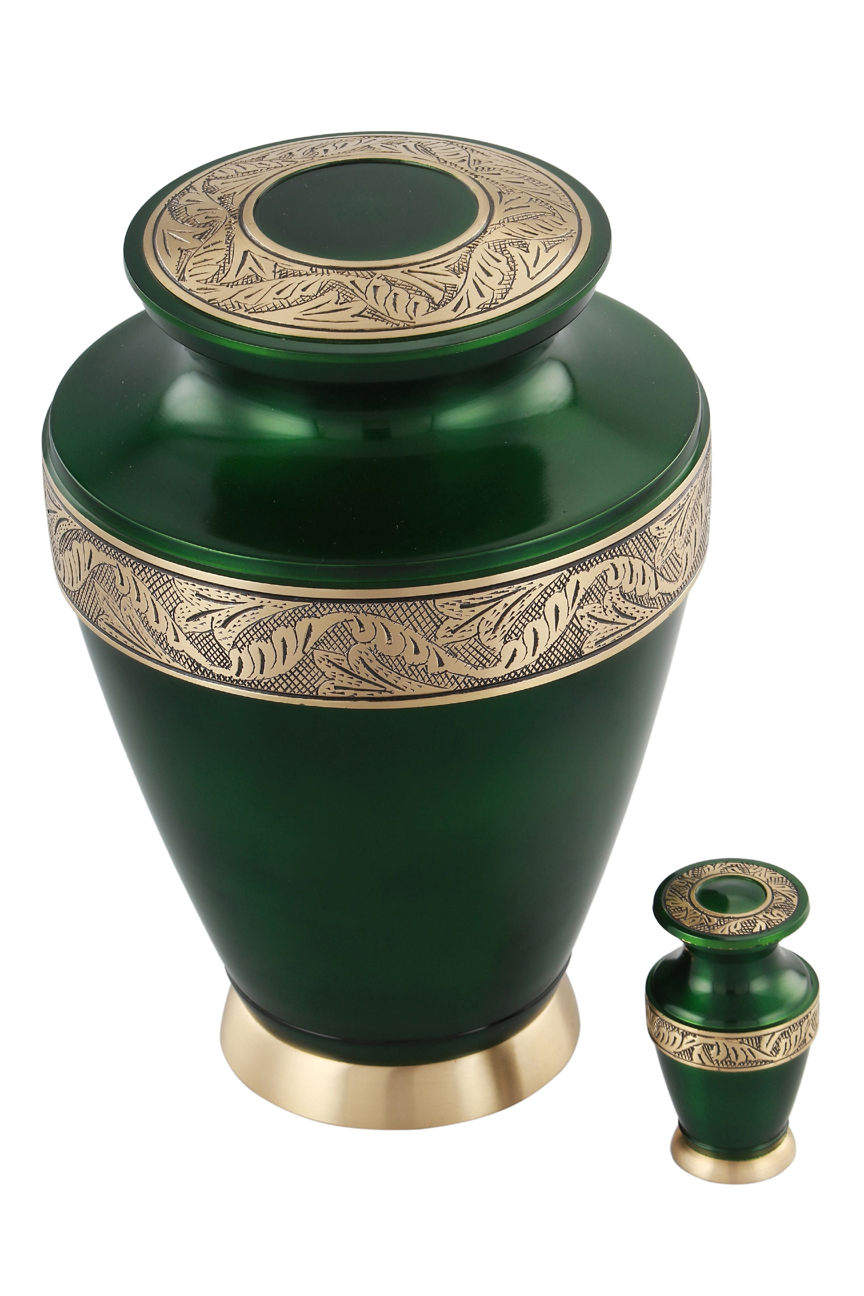 Regalon Cremation Urn - Adult Funeral Urn - Solid Brass Funeral Urn - Handcrafted Adult Funeral Urn for Ashes -Affordable Urn Deal with Free Keepsake (Satin Green)