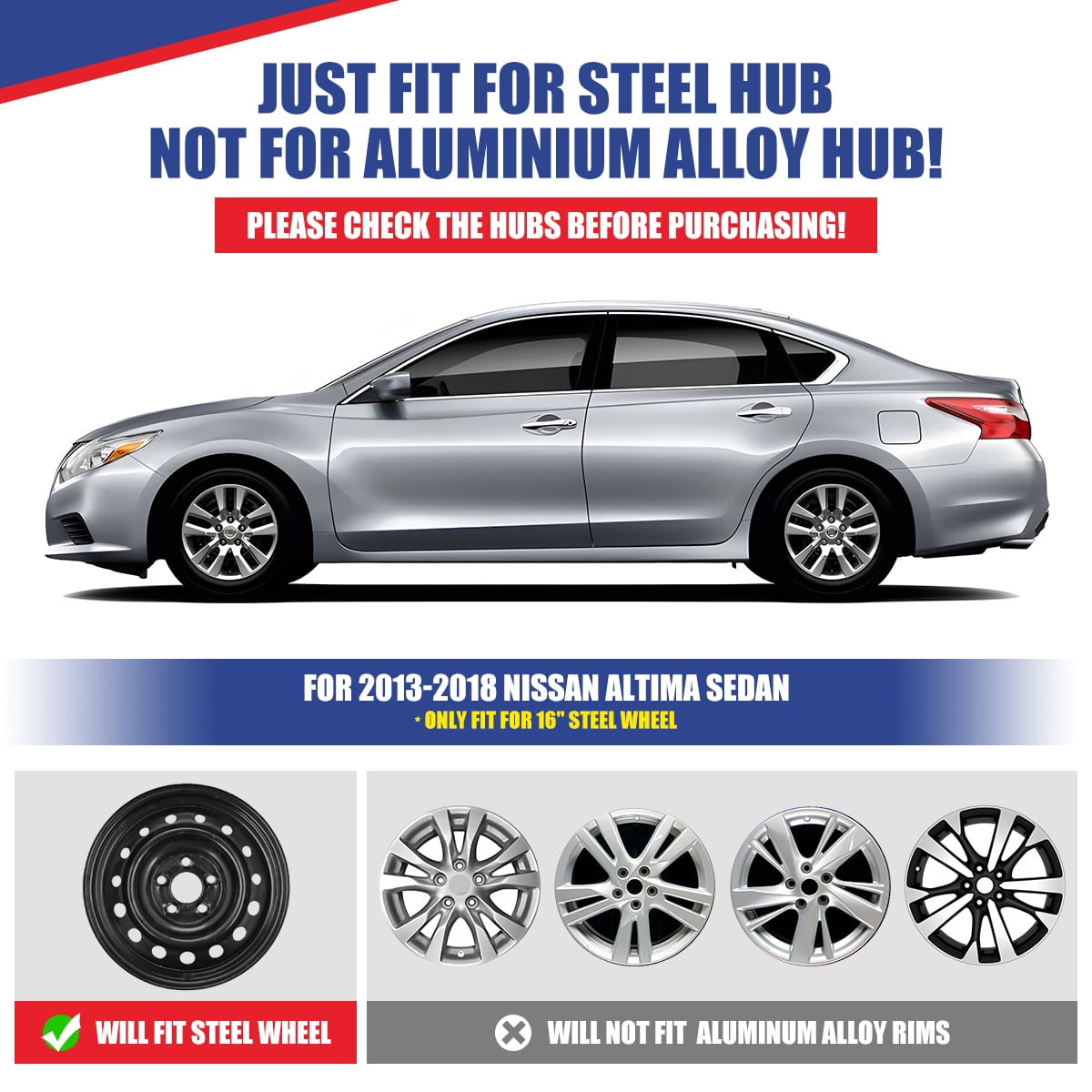 (Set of 4) 16" Hubcap Wheel Rim Cover for Nissan Altima Sedan 2013 2014 2015 2016 2017 2018,Compatible with Steel Wheels,Snap on Hub Caps Replacement,PP Material,Black Lacquer & Blue Lacquer
