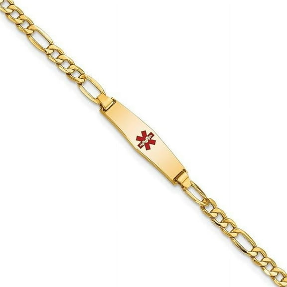 Primal Gold 14 Karat Yellow Gold Medical Semi-Solid Soft Diamond Shape Red Enamel Figaro ID Bracelet