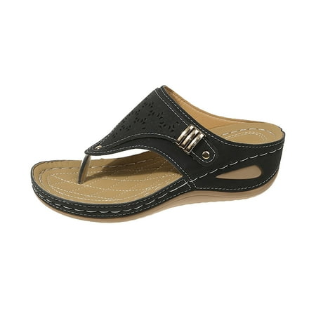 

HTGFGMGW Walking Sandals Women Ladies Fashion Retro Solid Leather Hollowed Out Carved toe Clip Thick Sole Sandals Bedroom Essentials Black