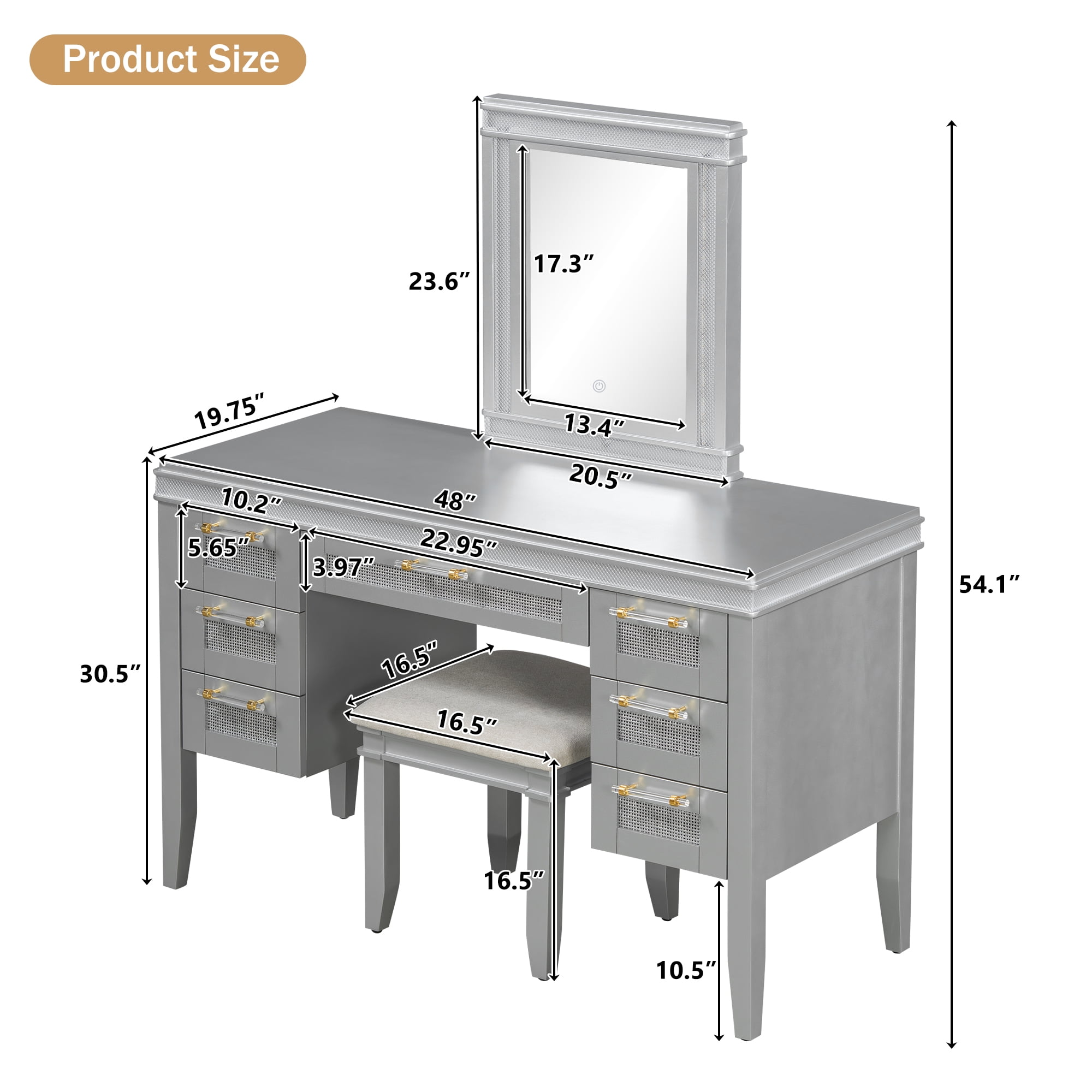 Euroco 48 inch Vanity Desk with Mirror and Lights, Makeup Vanity with 7 Drawers and Cushioned Stool, Classic Grey Finish Dressing Table with Hollow