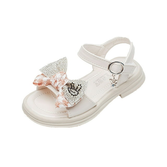 GiLiling Girls Open-Toe Sandals, Plaid Rhinestone Bow Adjustable Buckle Ankle Strap, PU Upper Chunky Non-Slip Sole Princess Dress Sandals (Beige, 8-9 Years)