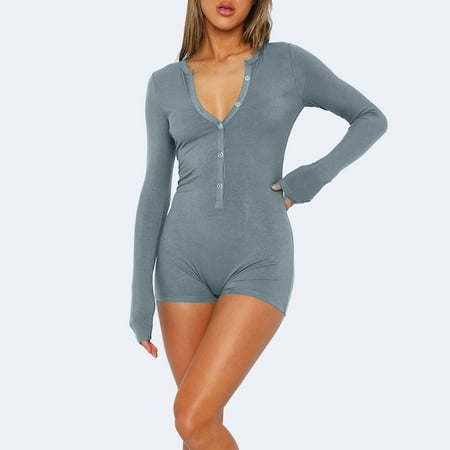 Abomasnow Women s Sexy Long Sleeve Shorts Yoga Rompers One Piece V Neck Button Down Ribbed Bodycon Bodysuit Jumpsuits on Sale Clearance 2025