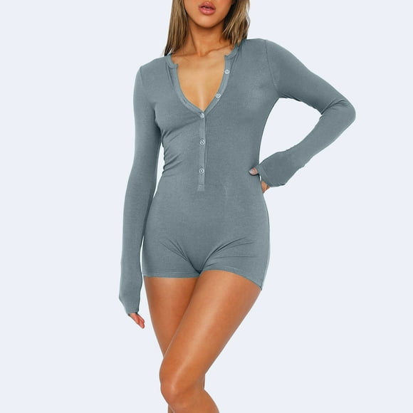 DPTALR Womens Sexy Bodysuit V-Neck Long Sleeve Yoga Rompers Workout Ribbed Pajamas Sport Jumpsuits Rompers
