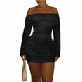 thumbnail image 2 of Women'S Off-the-Shoulder Bodycon Mesh Sheer Ruffled Shiny Flared Long Sleeves Y2K Club Night Out Dress, 2 of 9