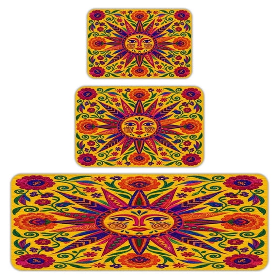 RKSupls Kitchen Rug Set 3 Piece Anti-Slip Flannel Floor Mats, Sun Face Flowers Washable Absorbent Runner Mats for Kitchen Bathroom Home Decor