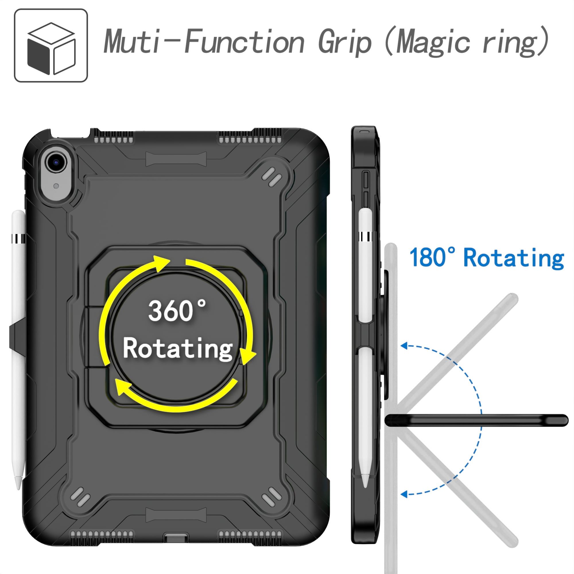 Dteck iPad 10th Generation Case, New iPad 2022 10.9 inch Rugged Case with Screen Protector, Rotating Stand/Pencil Holder/Carrying Shoulder Strap,Black
