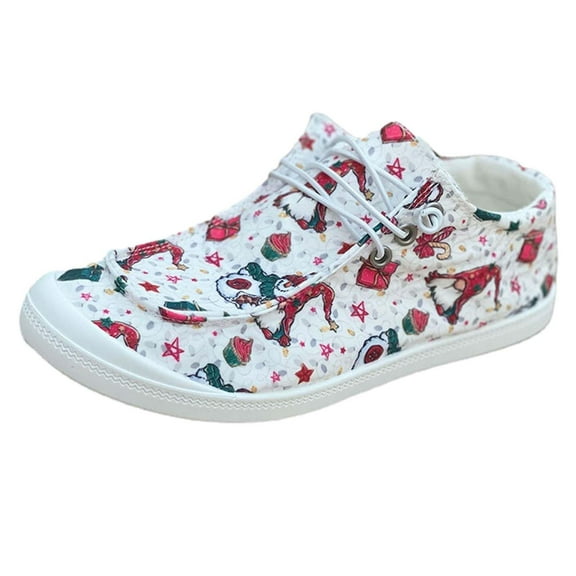 Odeerbi Christmas Canvas Sneakers For Women Flats Shoes Casual Shoes Fashion Loafers Lightweight Soft Slip On Shoe White