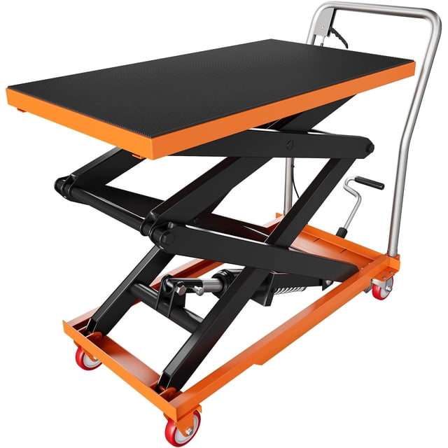 Hydraulic Lift Table Cart 330 lbs Capacity 50 In Double Scissor Lift Table with Locking Wheels and Non-Slip Platform for Material Handling Orange