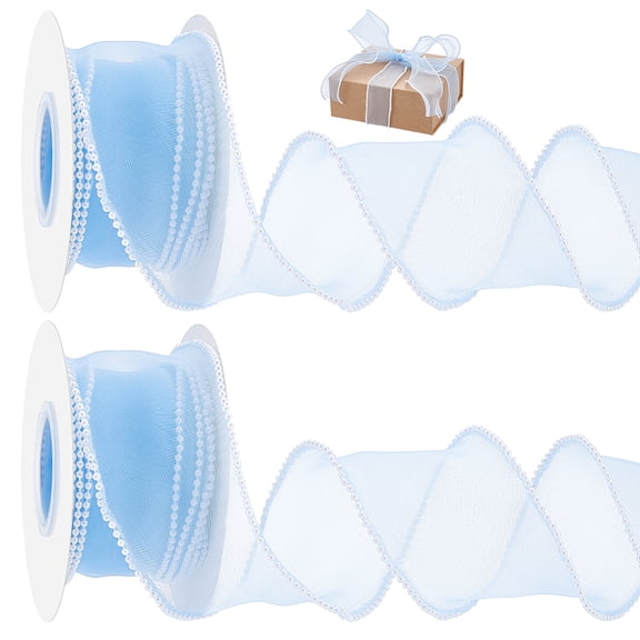 2Rolls 10 Yards x 2-3/8" Organza Ribbon with Pearl Edges Light Blue Wired Gift Ribbon for Wedding Decor Gift Wrapping Craft Projects 5 Yards/Roll