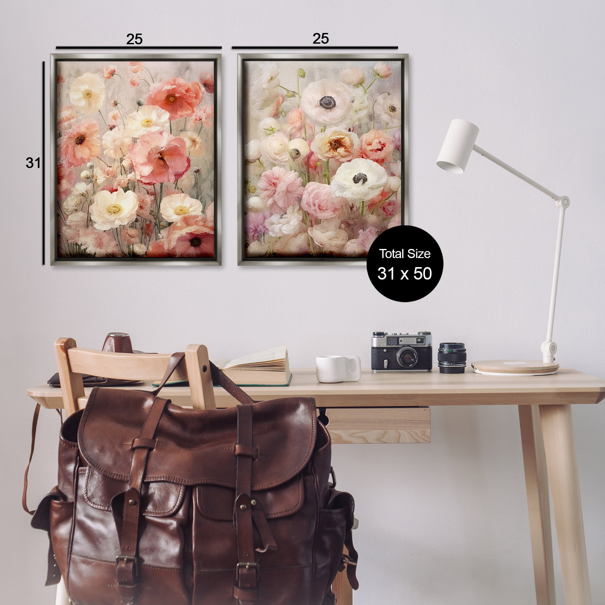 Stupell Industries Blush Floral Flowers Plants & Flowers Painting Gray Floater Framed Canvas Art Print Wall Art, 31 x 25, Set of 2