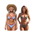 thumbnail image 3 of LMLYSoH Women 2 Pieces Bikini Swimsuits Patchwork Tie-Up Halter Neck Sleeveless Bra Thong Bottoms Beach Bathing Suit Set, 3 of 9