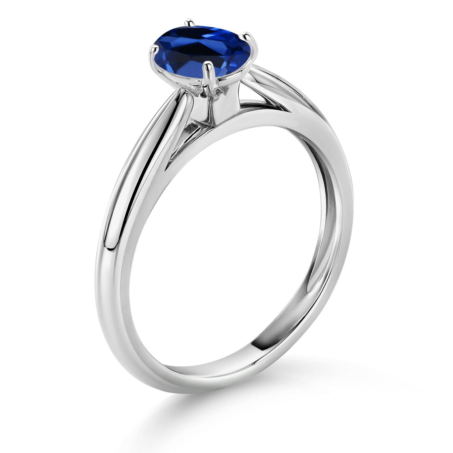 Gem Stone King 10K White Gold Blue Created Sapphire Solitaire Engagement Ring for Women (1.00 Cttw, Oval 7X5MM, Gemstone September Birthstone, Size 8)