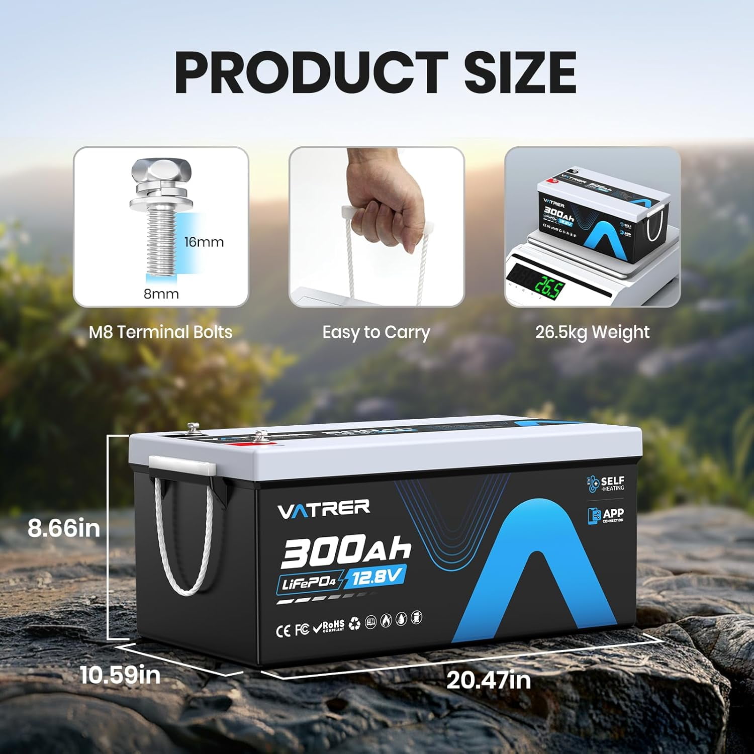 VATRER POWER 12V 300AH Power Battery with Self-Heating, Supports Low Temp Charging(-4°F), 5000+ Cycles, Built-in 200A BMS for RV and Off-Grid