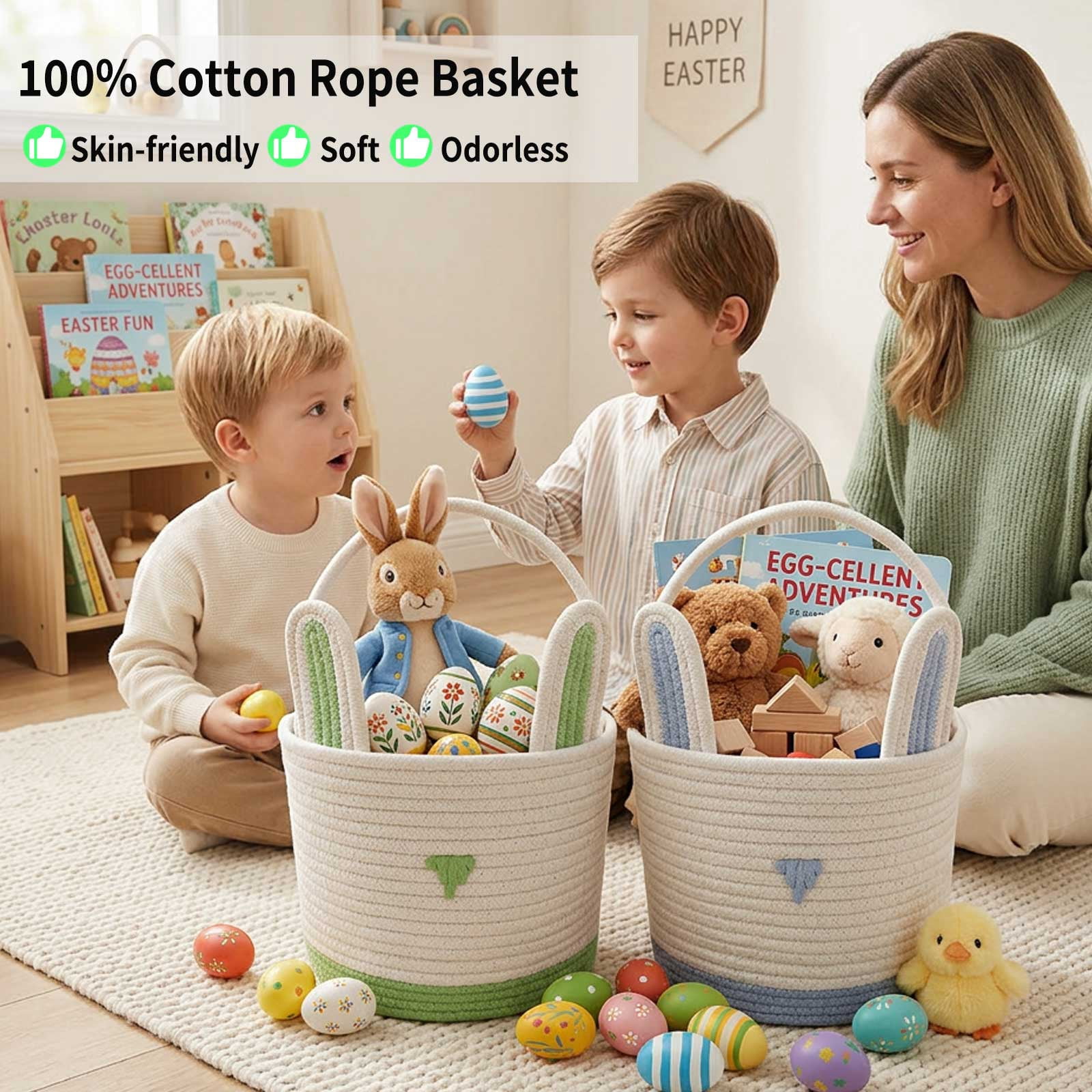 2 Pack Large Woven Easter Baskets for Girls & Boys - Empty Basket with Gift Bags and Ribbons Cute Easter Decorations Bunny Ears Designs (Blue+Green)