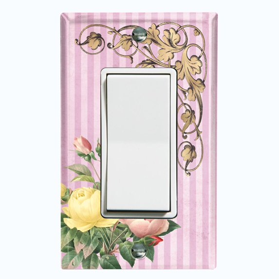 Metal Light Switch Plate Outlet Cover Elegant Pink Floral Striped Damask FLW070