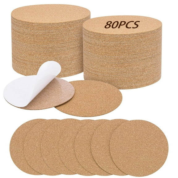 80PCS Self-Adhesive Cork for DIY Coasters, 3.74" Round Cork Mats for Crafts, Drinks and Home Tabletop Decoration, Easy to Customize
