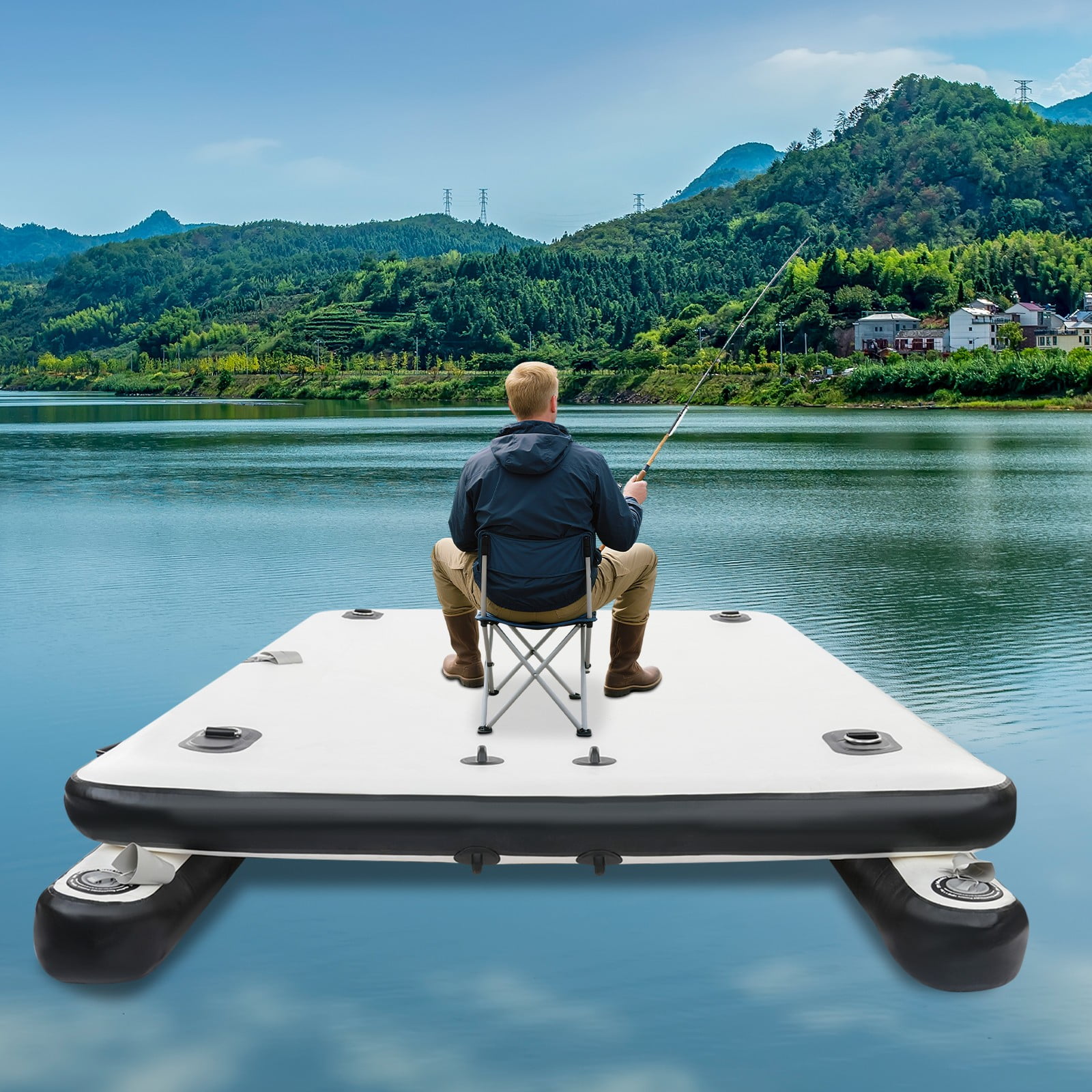 Fishing Float Platform, 2.5M Inflatable Boats with Air Pump Paddle Repair Kit, Stable Canoe Trolley Cart for Fishing