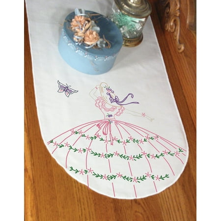 Fairway Needlecraft Butterfly Lady Stamped Perle Edge Dresser Scarf, 15" x 42