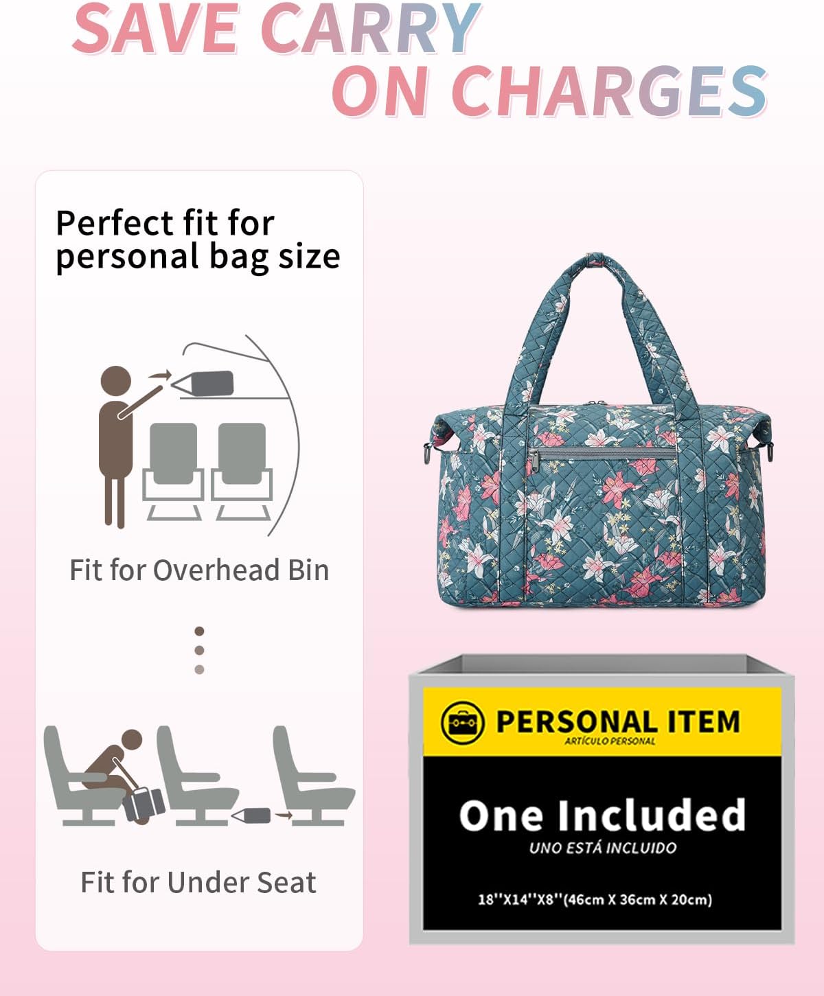 WANDF Travel Duffel Bags with Shoe Bag,Airline Approved Personal Item Bag for Women with Wet Pocket,Trolley Sleeve,Quilted Overnight Weekender Bag for Camping Gym Beach(Blue,Flower)