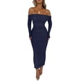 thumbnail image 1 of Vestido PRETTYGARDEN para mujer, maxi con hombros descubiertos, fruncido, azul marino, talla M, 1 of 8