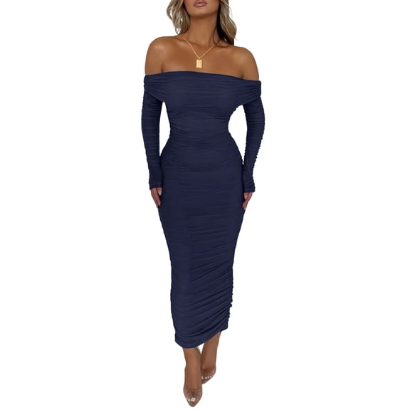 Vestido PRETTYGARDEN para mujer, maxi azul marino, hombros descubiertos, talla XL