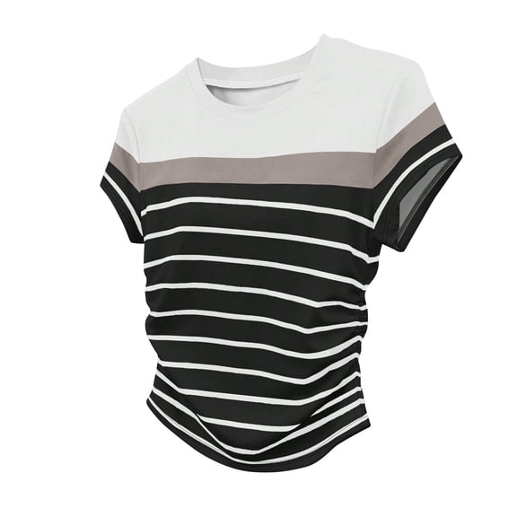 Plebaso Womens Summer Tops Short Sleeve Side Ruched Tee Shirts Casual Crew Neck Color Block T Shirts