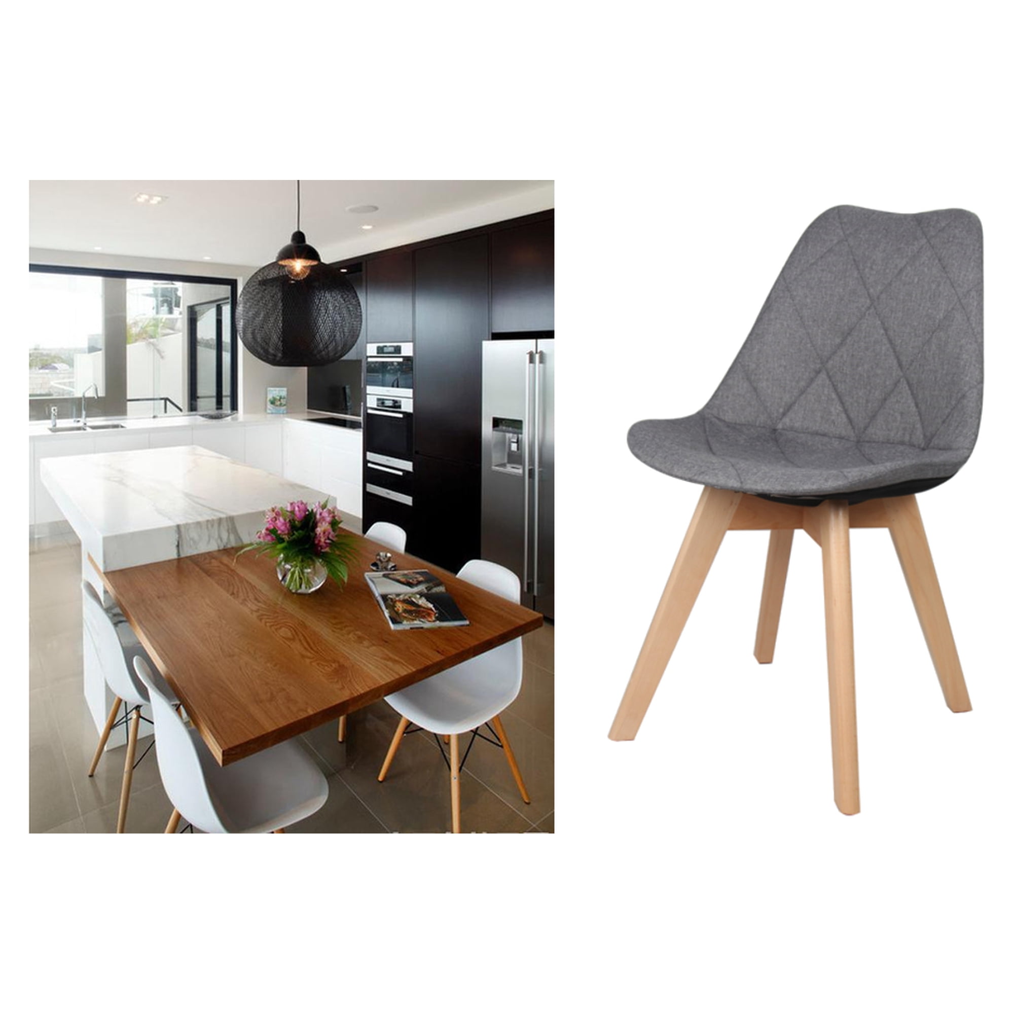 Moustache Fabric Kitchen Dining Chairs With Beech Wood Legs Gray
