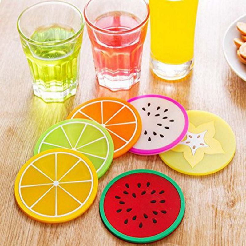 6 Pack Colorful Fruit Slices Silicone Beverage Coasters Drinks Coffee Tea Tabletop Protection Wood Granite Glass Marble Table 3.5 Inch