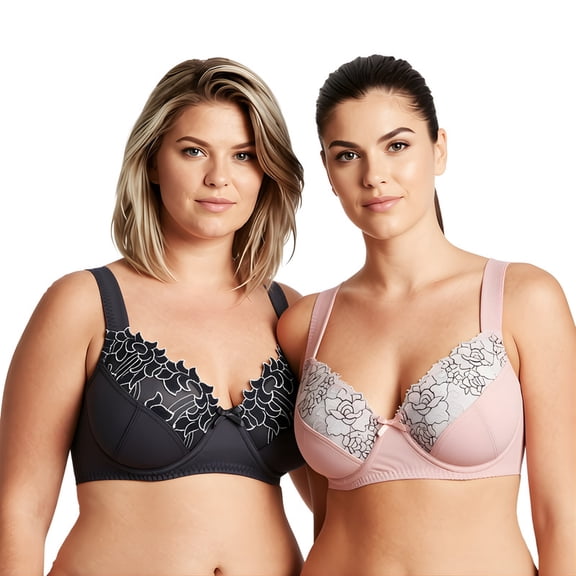 Curve Muse Womens Plus Size Minimizer Underwire Bra With Lace Embroidery-2 Pack-Pink,Dark Grey-34C