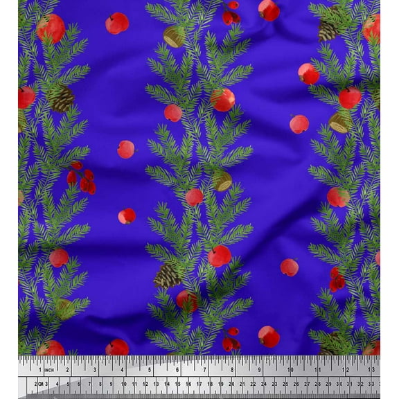 Soimoi Blue Cotton Duck Fabric Cherry & Pine Leaves Print Sewing Fabric Yard 42 Inch Wide