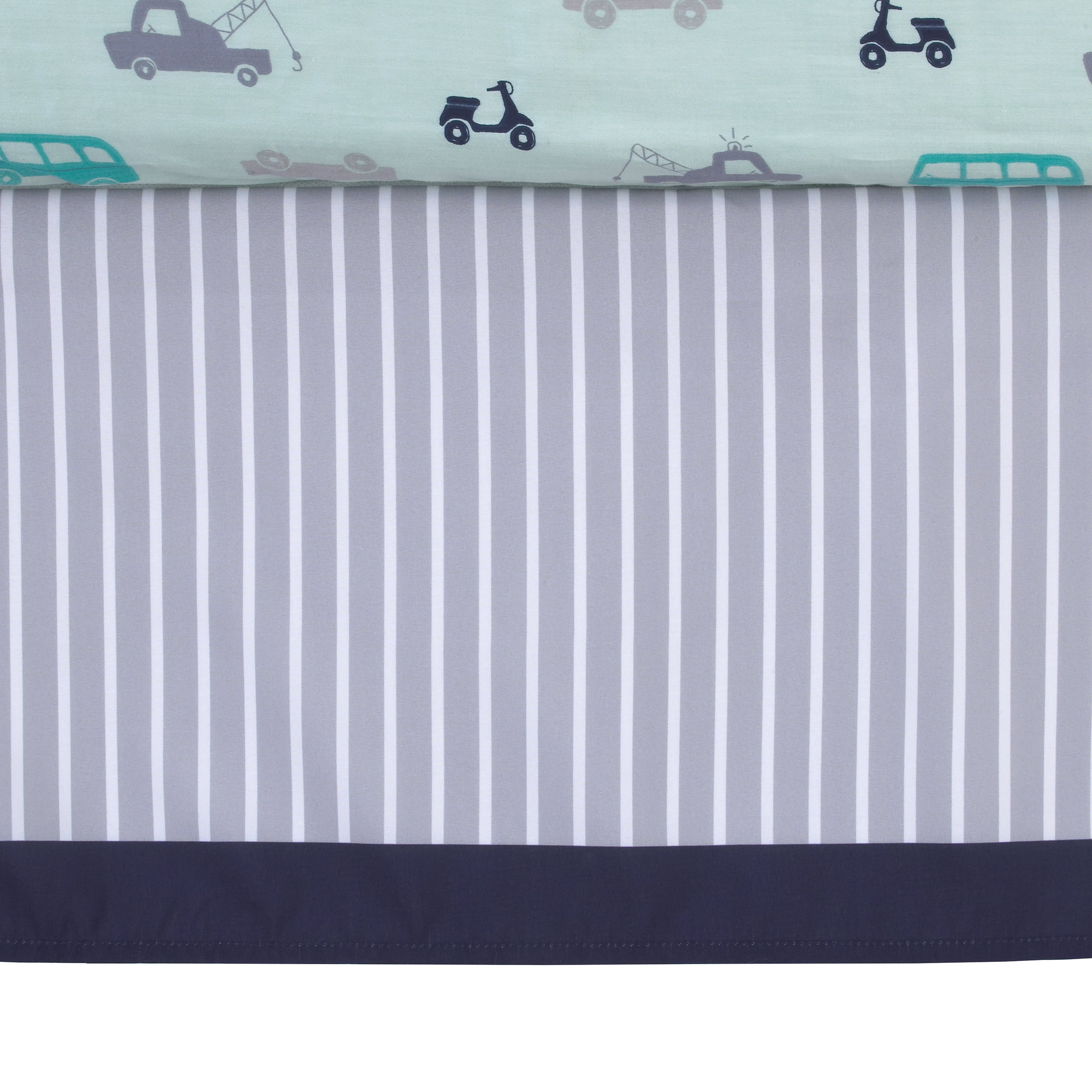 Child of Mine Boy Dust Ruffle, Grey White Navy Stripe, Cars collection