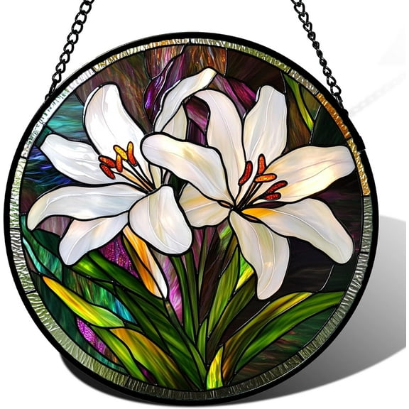 Stained Glass Window Hanging - White Lily Birth Flower Suncatcher for Door Garden Home Sun Catchers Decoration Christmas Mother's Day Birthday Gifts for Women Men Mom Nana Friend