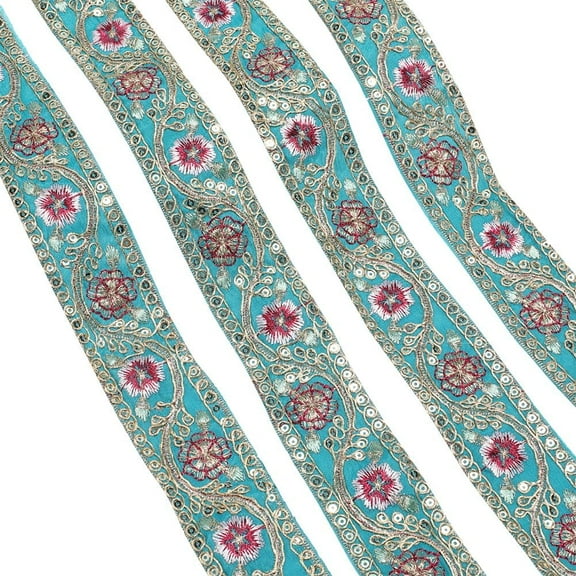 10 Yards Vintage Ethnic Style Cyan Jacquard Ribbon Gold Embroidery Vintage Polyester Metallic Floral Pattern Embroidered Trim Woven Sequin Ribbons for Sewing Making Crafts Supply Dress Decor
