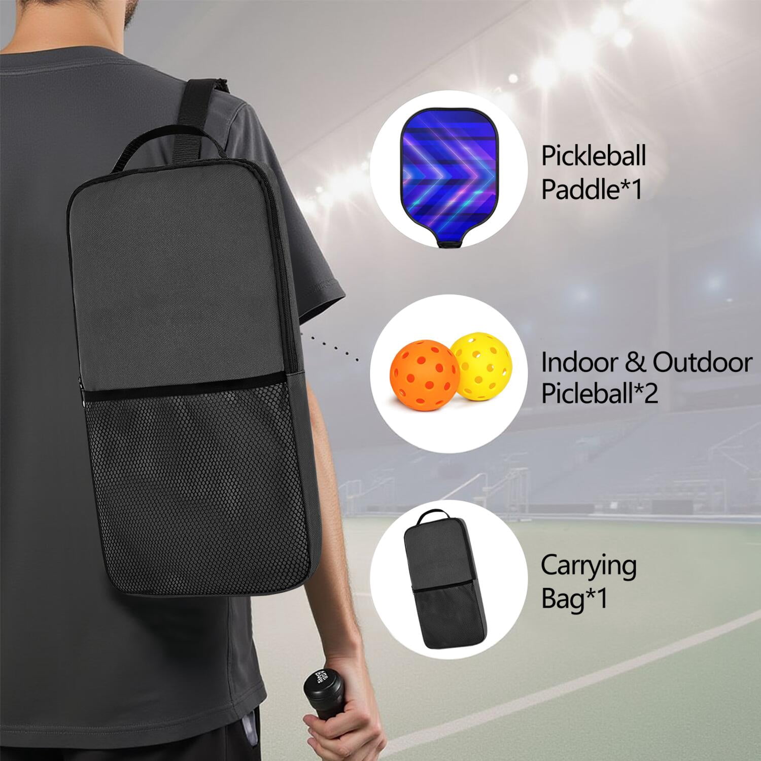 Pickleball Paddles Set Of 1, Fiberglass Surface, Speed, Lightning, Thunder Print, 1 Paddle, 2 Balls & Bag