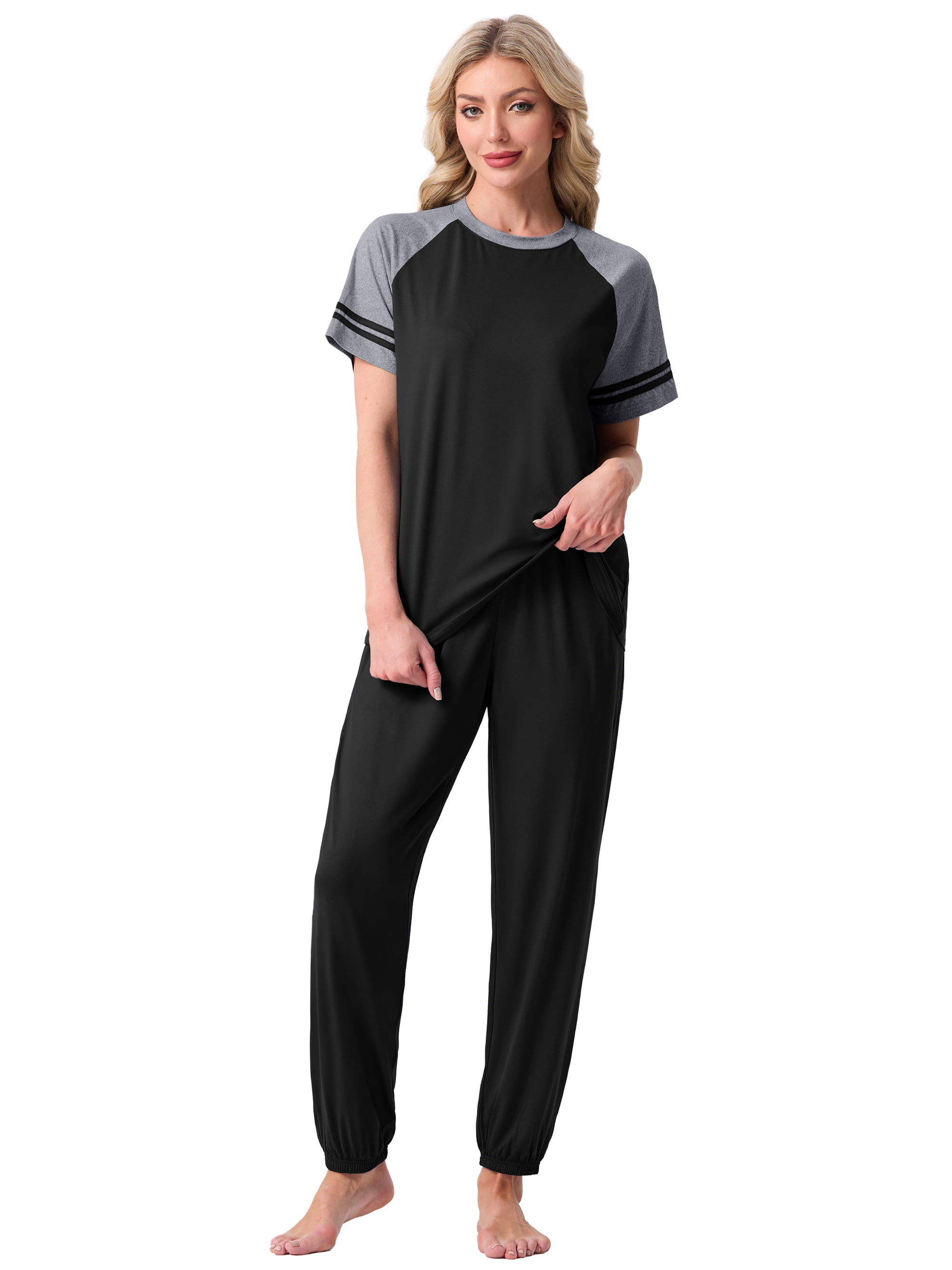 MINTREUS Lounge Sets for Women Two Piece Pajama Set Short Sleeve Pjs Joggers Long Pants Tracksuit with Pockets
