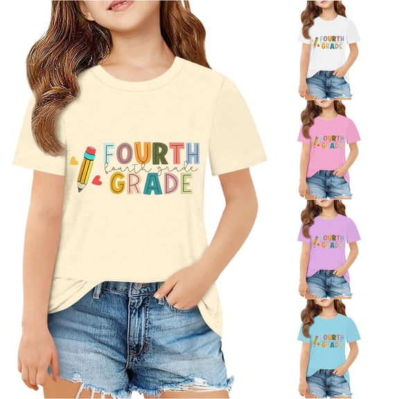 Toddler Girls Short Sleeve Tee Shirts Round Neck Printed Stretchy Kids Tee Size 3-4T ,Beige