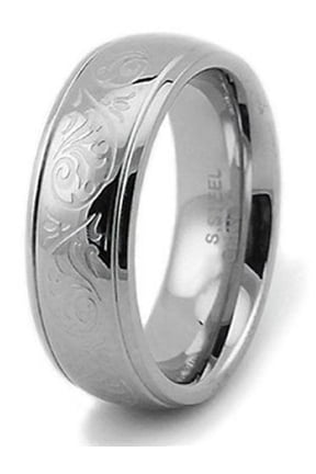 Stainless Steel Embossed Filigree Floral Wedding Band Ring