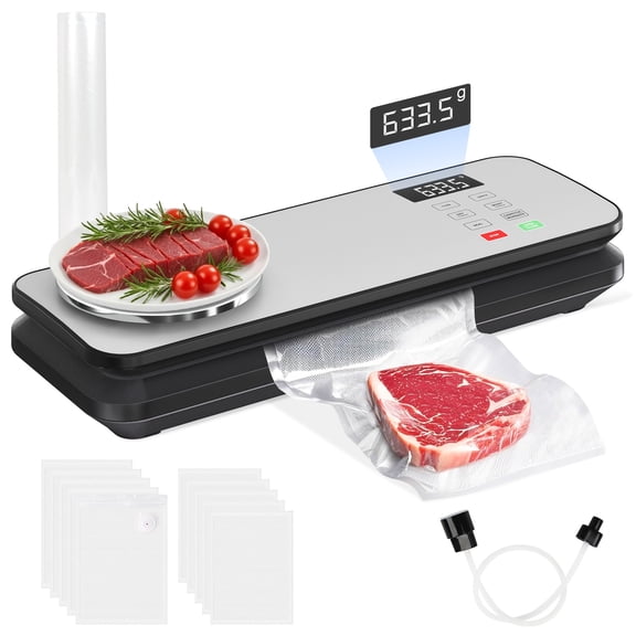 Vacuum Sealer for Food, 90kPA Powerful Food Saver Vacuum Sealer Machine with Digital Kitchen Scale,  Dry & Moist Food Modes，Compact Design
