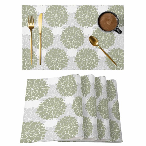 Sage Green Dahlia Placemats Set of 4, Country Grey Flowers Floral Farmhouse Placemats for Dining Table, Place Mats for Kitchen Tabletop, Waterproof Wipeable Dining Table Mats Set