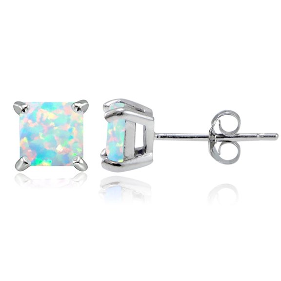 Sterling Silver Created Opal 5mm Square Stud Earrings