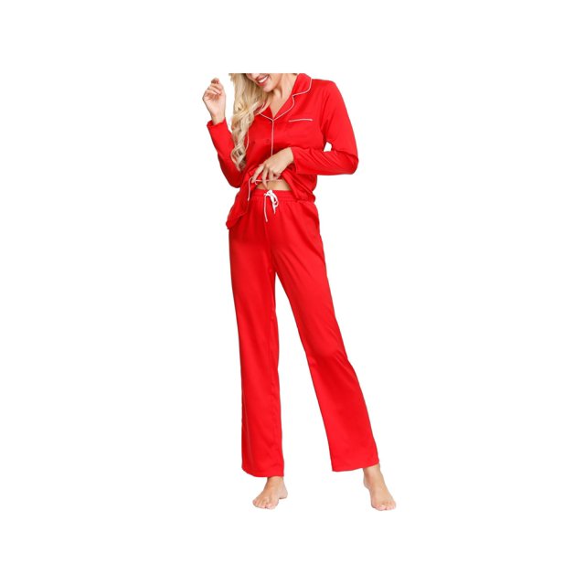 INK + IVY Ensembles Rouge Satin Col Cranté Manches Longues Col en V Boutonné Pyjama Jambe Droite Taille L