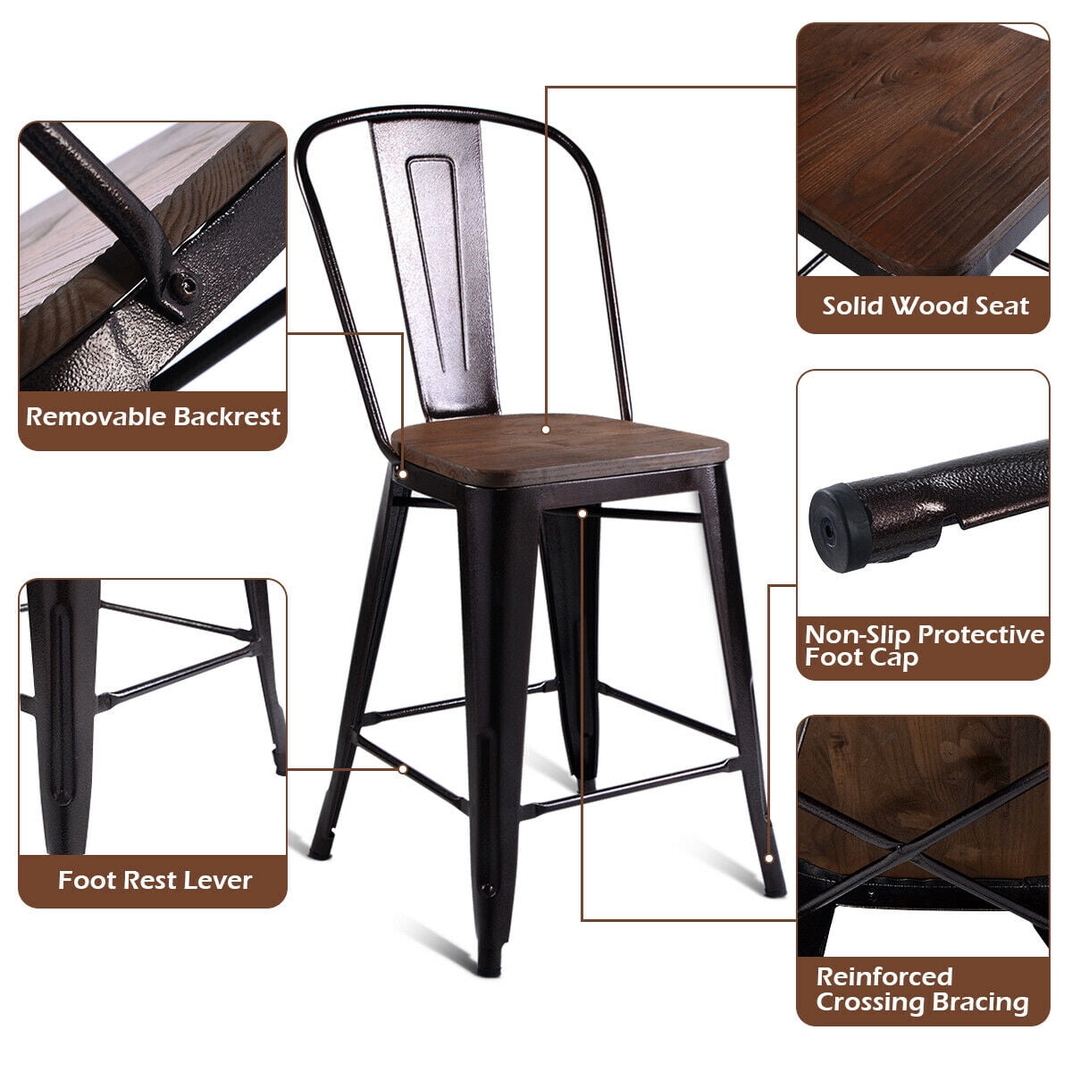 Costway Copper Set of 4 Metal Wood Counter Stool Kitchen Dining Bar Chairs Rustic Full Back