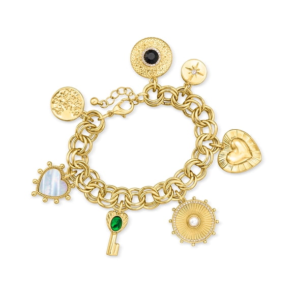 Ross-Simons 14kt Yellow Gold-Plated Charm Bracelet With Simulated Gemstones and .20 ct. t.w. Czs, Women's, Adult