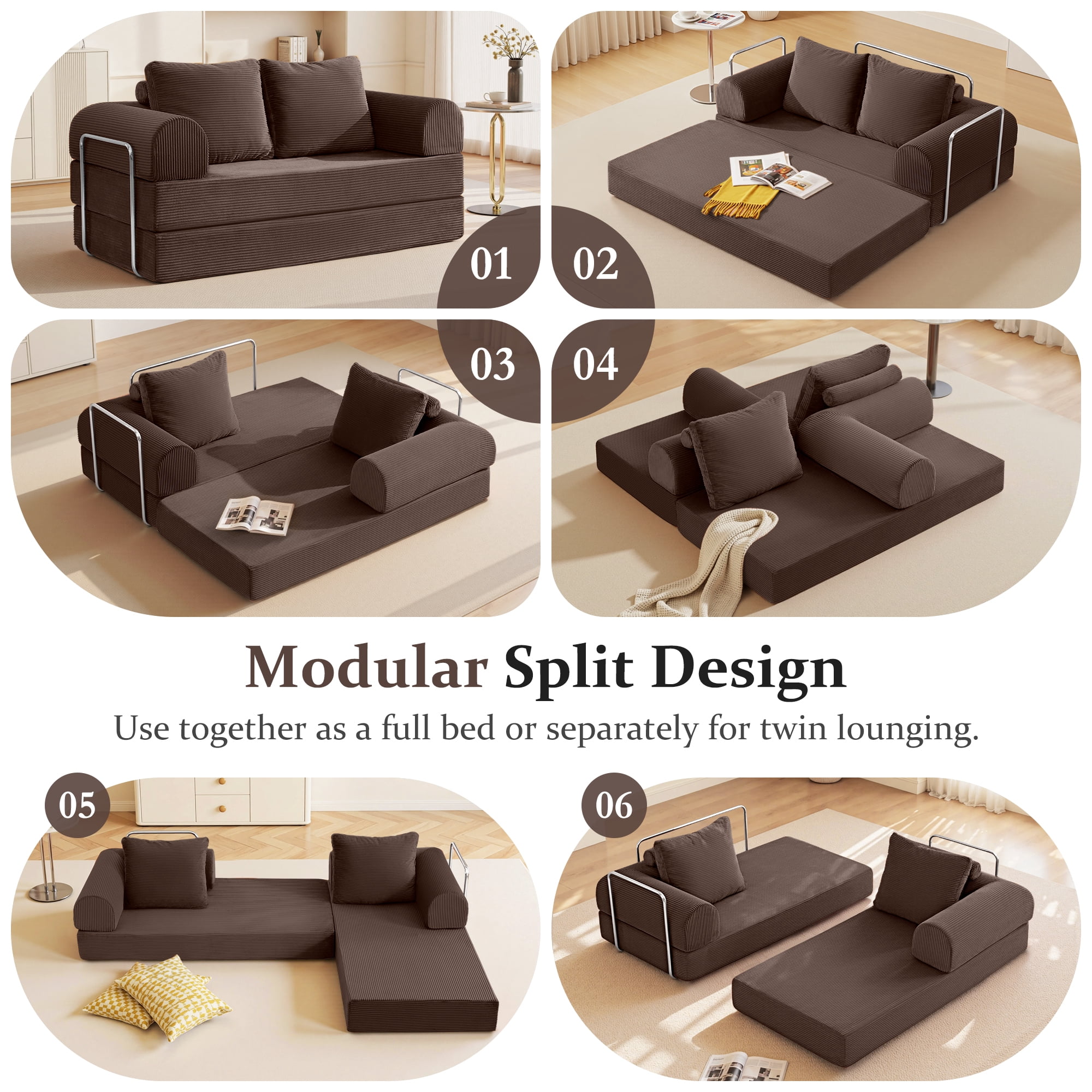 COOLHUT 63" W Convertible Sofa Bed, Foam Floor Sofa, Folding Sleeper Sofa Couch Bed with Six Frame, High Rebound Density Sofa, Corduroy Sofa Couch Bed for Living Room, Bedroom, Coffee